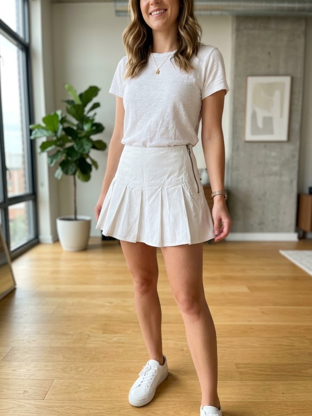 Garage White Pleated Mini Skirt with Side Zipper
